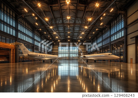Private jets in modern hangar aviation facility professional photography industrial setting wide-angle shot air travel luxury 129408243