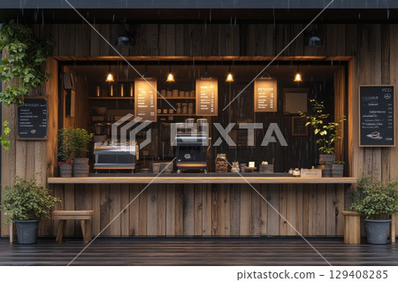 Cozy coffee shop scene urban location interior design rainy environment front view relaxing atmosphere 129408285