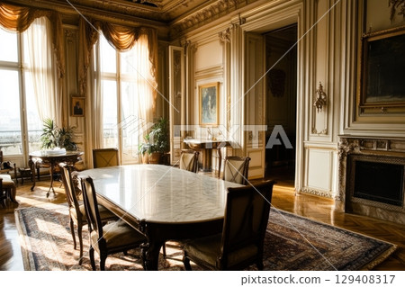 Elegant dining room interior historic mansion photography luxurious atmosphere wide angle view timeless sophistication 129408317
