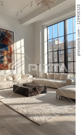 Modern living room design urban apartment interior photography bright environment cozy viewpoint minimalist concept for seo impact 129408328