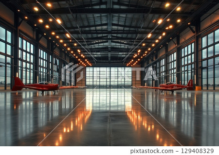 Airplane hangar showcase aviation facility interior photography modern design wide-angled view industrial aesthetics 129408329