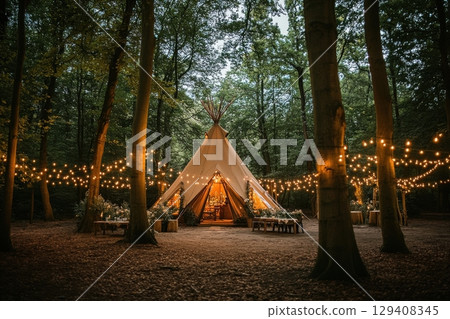 Enchanting evening gathering in a forest tipi outdoor event magical atmosphere rustic charm intimate setting celebrate nature 129408345