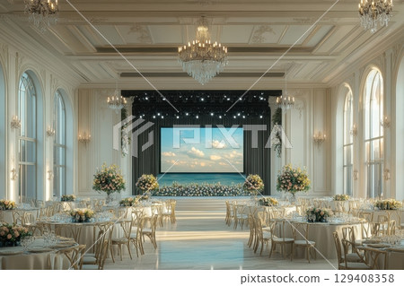 Elegant event hall with ocean view formal gathering space luxurious atmosphere scenic decor captivating ambiance Elegant event hall with ocean view formal gathering space luxurious atmosphere scenic decor captivating ambiance 129408358