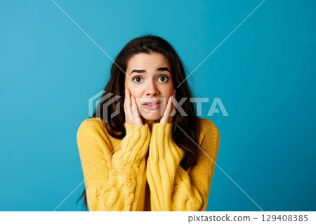 woman with a terrible tooth pain her palm pressed to her cheek, Generative AI. 129408385