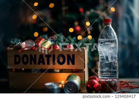 A young black boy is holding a box that says donation on it. ai generative 129408417