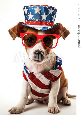 A Russell dog wearing a USA top hat and sunglasses. independence day concept 129408422