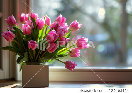 A vase of pink tulips sits on a table next to a card.ai generative 129408424