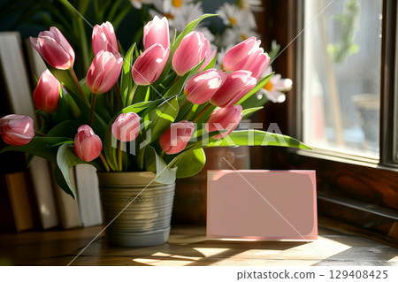 A vase of pink tulips sits on a table next to a card.ai generative 129408425