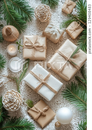 Holiday gift wrapping ideas cozy home setting lifestyle photography evergreen surroundings aesthetic viewpoint seasonal concept 129408483
