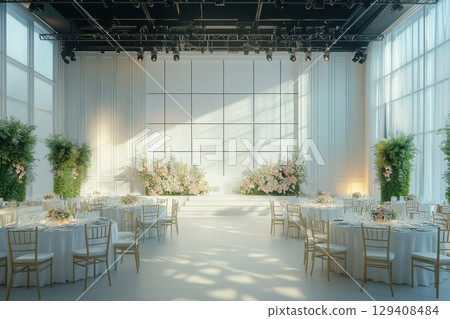 Elegant wedding reception setup modern venue event photography bright atmosphere wide angle celebration of love 129408484