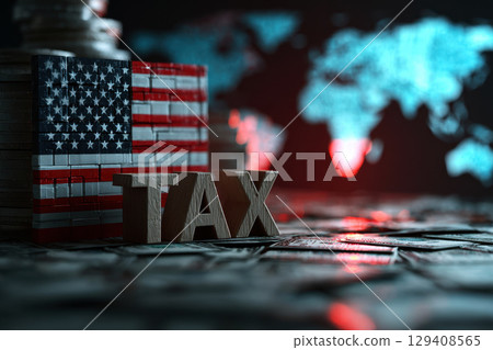 Wooden blocks spelling TAX are entangled in barbed wire against the backdrop of a stars and stripes flag. Financial concept. Wooden blocks spelling TAX are entangled in barbed wire against the backdrop of a stars and stripes flag. Financial concept. 129408565