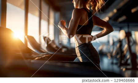 A woman running on a treadmill in a gym with a city skyline visible through large windows. 129408666