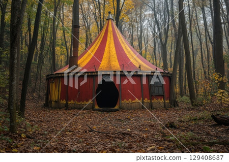 Mysterious abandoned circus tent enchanted forest photography autumn ground level eerie atmosphere for exploration 129408687