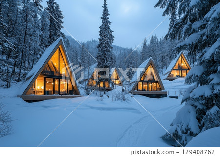 Winter retreatmodern a-frame cabins in snowy forest nature photography tranquil landscape serene viewpoint cozy escape 129408762