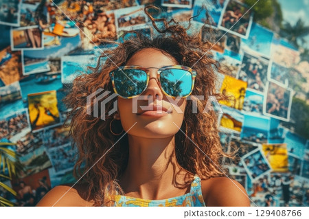 Exploring memoriesa young woman in sunglasses surrounded by travel photos beach environment selfie perspective adventure theme Exploring memoriesa young woman in sunglasses surrounded by travel photos beach environment selfie perspective adventure theme 129408766