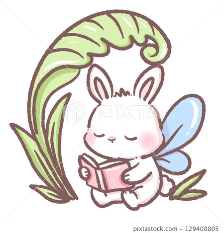 Cute bunny fairy reading book under large leaf canopy in pastel kawaii style featuring adorable spring forest animal illustration perfect for nursery art childrens prints and whimsical fantasy designs Cute bunny fairy reading book under large leaf canopy in pastel kawaii style featuring adorable spring forest animal illustration perfect for nursery art childrens prints and whimsical fantasy designs 129408805