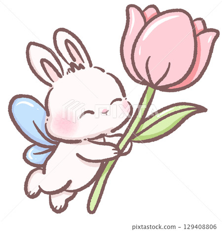 Adorable kawaii bunny fairy flying while holding a pink tulip cute pastel rabbit with blue wings whimsical spring floral theme illustration perfect for childrens designs fantasy art and creative proje Adorable kawaii bunny fairy flying while holding a pink tulip cute pastel rabbit with blue wings whimsical spring floral theme illustration perfect for childrens designs fantasy art and creative proje 129408806