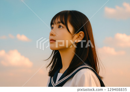 Girl looking up at the sunset sky 129408835
