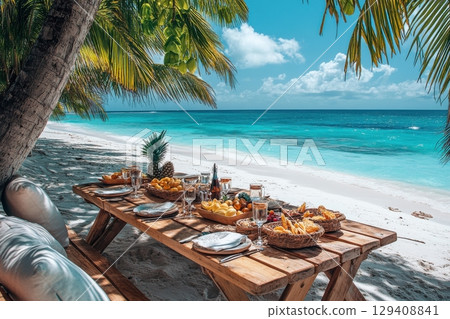 Tropical beach picnic maldives food spread sunny oceanfront relaxed setting culinary delight for ultimate relaxation 129408841