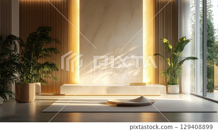 Modern minimalist interior design contemporary space photography bright environment artistic viewpoint serenity concept 129408899