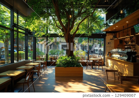 Cafe ambiance with indoor tree urban coffee shop interior design relaxed environment cozy viewpoint nature and comfort fusion 129409007