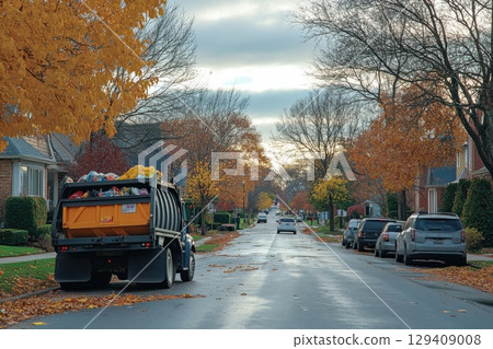 Trash collection event in autumn-foliage neighborhood urban street scene early morning peaceful ambiance environmental awareness 129409008