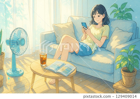 A woman living alone using her smartphone in the living room in summer 129409014