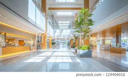 Modern shopping mall interior urban city architectural design bright environment wide-angle view contemporary lifestyle spaces 129409018
