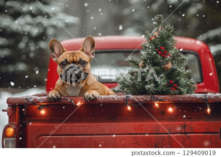 Festive dog in pickup truck winter wonderland animal portrait snowy landscape close-up holiday spirit 129409019