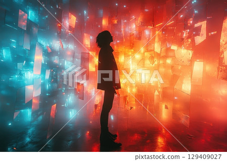 A person stands in front of a wall of red and blue squares A person stands in front of a wall of red and blue squares 129409027