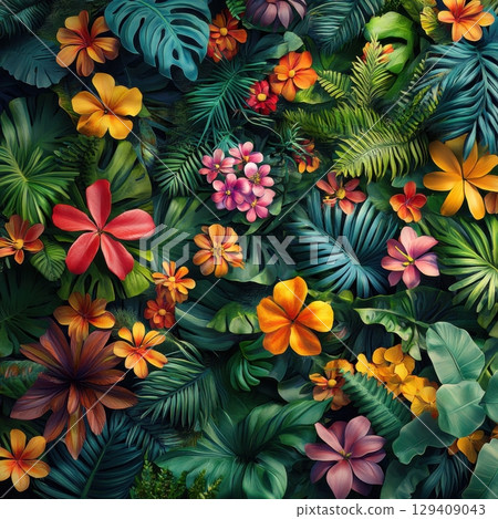 A colorful jungle scene with many flowers and plants 129409043