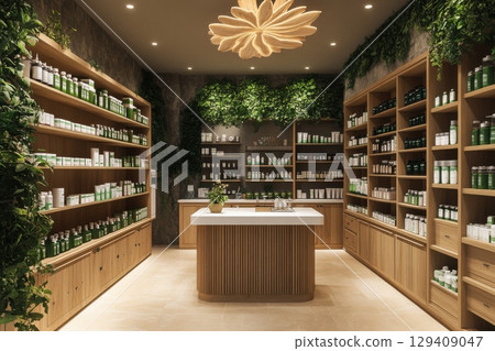 A store with a lot of green plants and shelves full of bottles 129409047