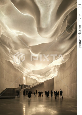 A group of people are standing in a large room with a white ceiling 129409081