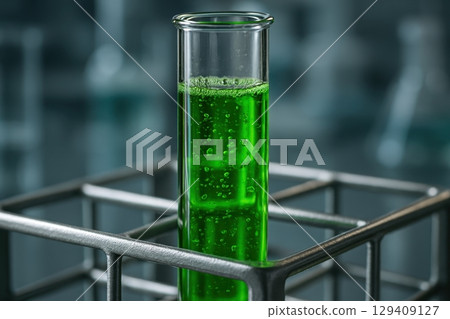 Test tube with vibrant green liquid in laboratory rack for science and research 129409127