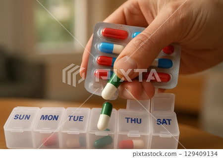 Hand placing colorful capsules from a blister pack into a weekly pill organizer for medication management 129409134
