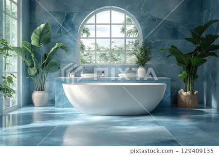 A large bathtub with a white rim sits in a bathroom with a blue tile floor 129409135
