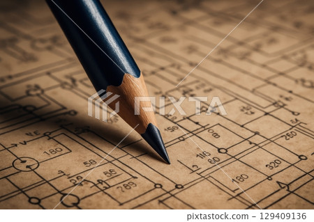 Sharp dark blue pencil on vintage engineering schematic with intricate lines 129409136
