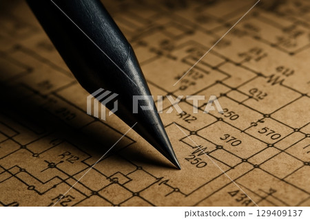 Sharp pencil tip poised on vintage sepia toned electronic circuit diagram blueprint 129409137