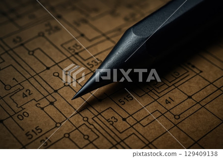 Sharp dark pencil tip on vintage electrical schematic diagram for engineering design 129409138