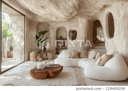 A living room with a large white couch and a coffee table 129409209