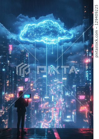 A man is standing on a rooftop looking at a tablet 129409225