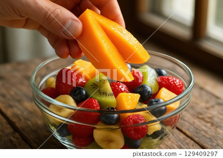 Hand adding vibrant mango slices to a colorful bowl of fresh fruit salad on a rustic wooden table Hand adding vibrant mango slices to a colorful bowl of fresh fruit salad on a rustic wooden table 129409297