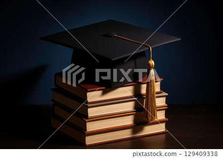 Black graduation cap with gold tassel on stack of books for education 129409338
