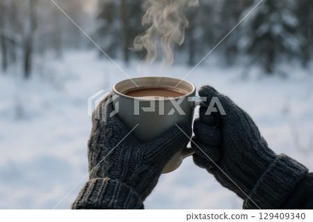Hands in warm knitted gloves holding a steaming mug of hot chocolate in a snowy winter forest. Hands in warm knitted gloves holding a steaming mug of hot chocolate in a snowy winter forest. 129409340
