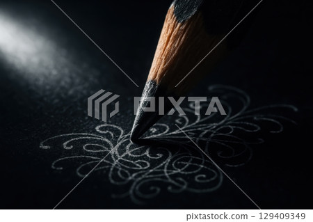 Sharp graphite pencil drawing intricate swirling design on dark paper with dramatic lighting 129409349