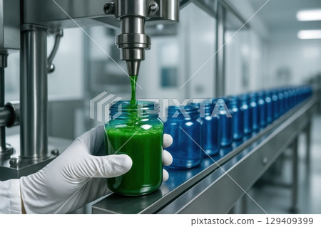 Automated production line filling green liquid into blue jars in a sterile facility Automated production line filling green liquid into blue jars in a sterile facility 129409399