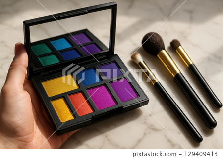 Hand holding open eyeshadow palette with bright jewel tones and makeup brushes 129409413