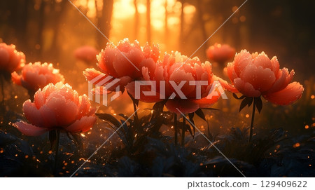 Close-Up of Pink Peonies with Water Droplets in Golden Light Close-Up of Pink Peonies with Water Droplets in Golden Light 129409622