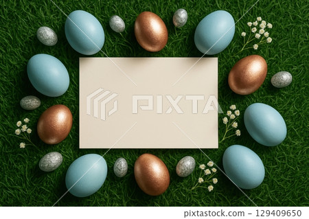 Blank cream card framed by blue, bronze, and speckled easter eggs with flowers on green grass 129409650