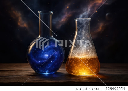 Two laboratory flasks with swirling galaxy and glowing magic liquid on wooden table 129409654